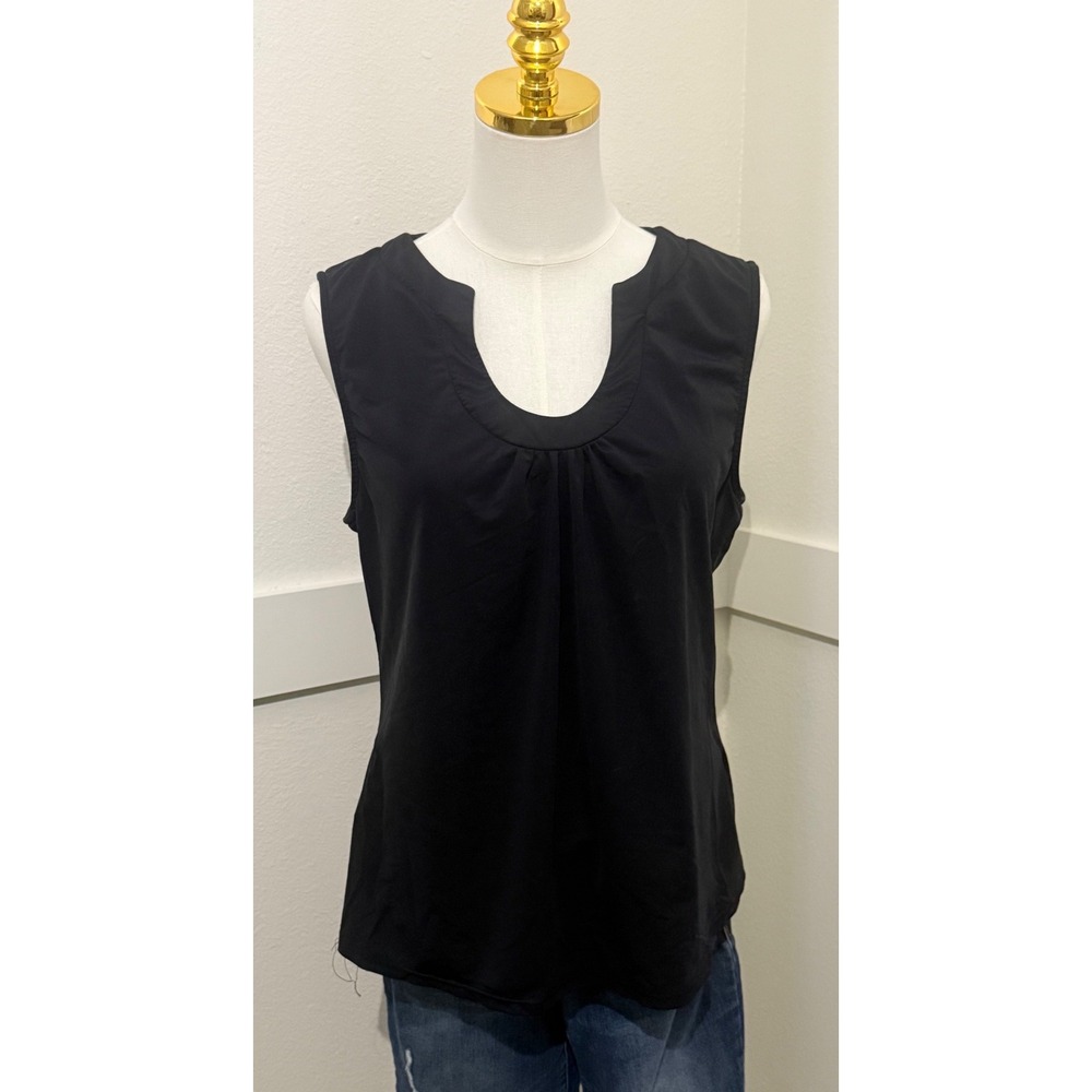 Aryeh Sleeveless Top Women Size M Black Good Split Neck Pleated Blouse